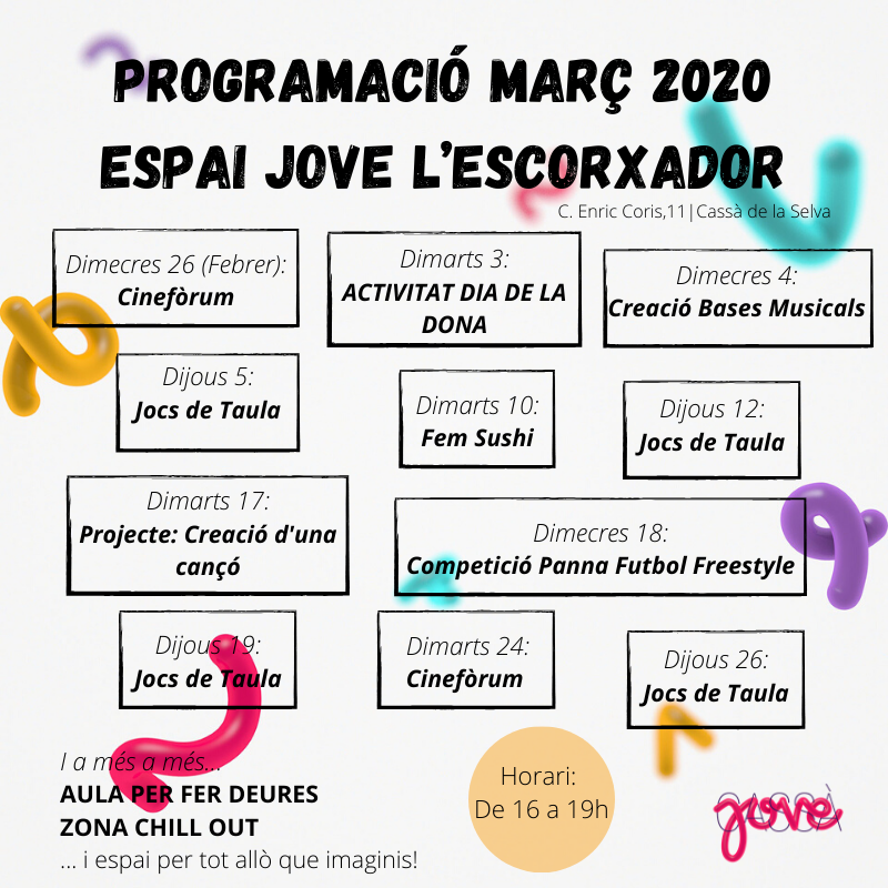 PROGRAMACIÓ MARÇ 2020 ESPAI JOVE LESCORXADOR